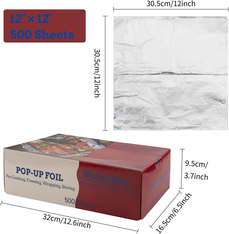 Wonlooker Aluminum Foil Sheets, 500 Sheets, 12 x 12inch/sheet, Precut Aluminum Foil Wraps, Pop-Up Interfolded Foil Sheets for Baking, Grilling, Roasting, Cooking or Storing Food, Large, Silver - Image 5